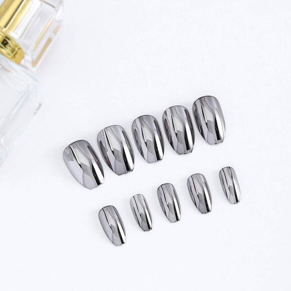 Metal Glossy Long Tapered Coffin Press On Nails Fake False 24 Pc Nail Set - Picture 7 of 8